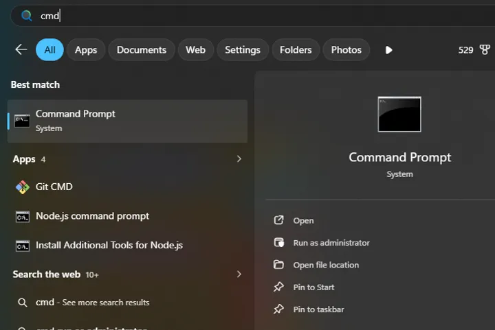 スタートメニューからコマンドプロンプトを開く