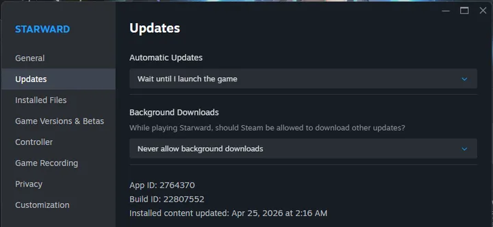 Steam のアップデート設定画面